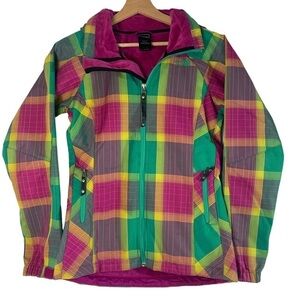 - The North Face Pink Green Yellow Plaid Morgan Apex Hooded Jacket Coat